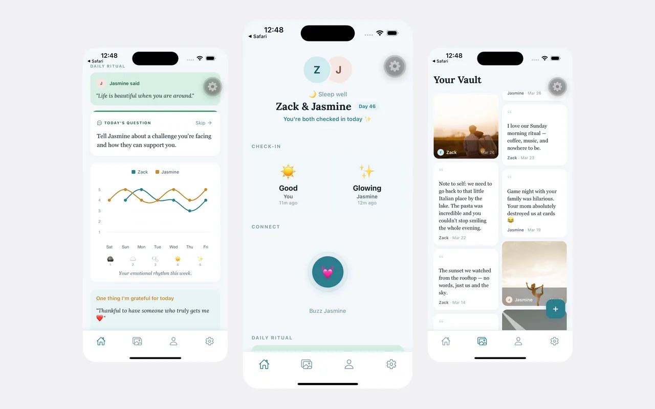 Three Arcov screens: the daily ritual and mood chart, the couple home screen with check-ins and the Buzz button, and the encrypted vault of shared memories.