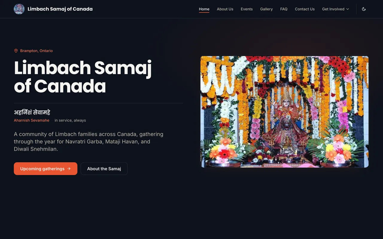 The Limbach Samaj of Canada home page, showing the organisation name, its motto, and a photograph from a Mataji Havan gathering.